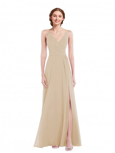 Champagne Trapèze Col V Mousseline Longue Robes demoiselle d'honneur à Bas Prix