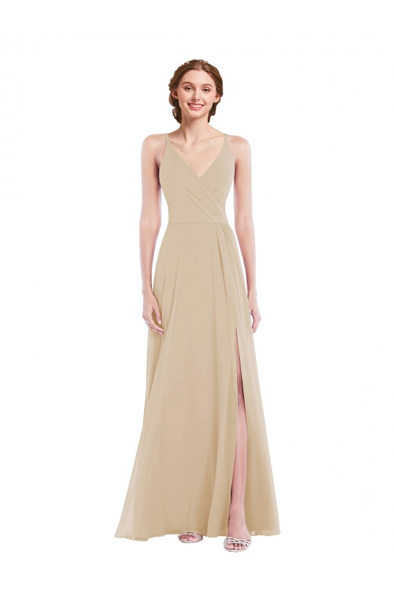 Champagne Trapèze Col V Mousseline Longue Robes demoiselle d'honneur à Bas Prix