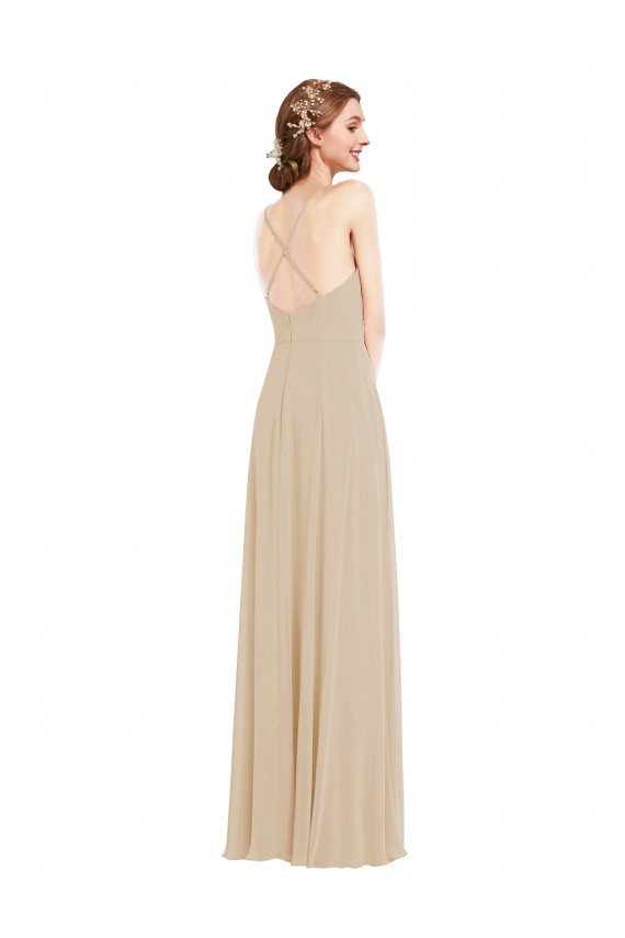 Champagne Trapèze Col V Mousseline Longue Robes demoiselle d'honneur à Bas Prix