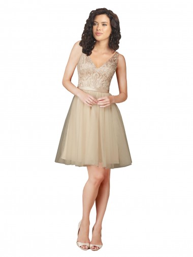 Champagne Trapèze Col V Tulle Dentelle Courte Robes demoiselle d'honneur à Bas Prix
