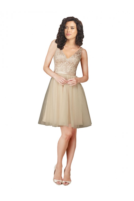 Champagne Trapèze Col V Tulle Dentelle Courte Robes demoiselle d'honneur à Bas Prix