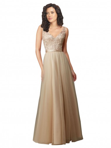 Champagne Trapèze Col V Tulle Dentelle Longue Robes demoiselle d'honneur à Bas Prix