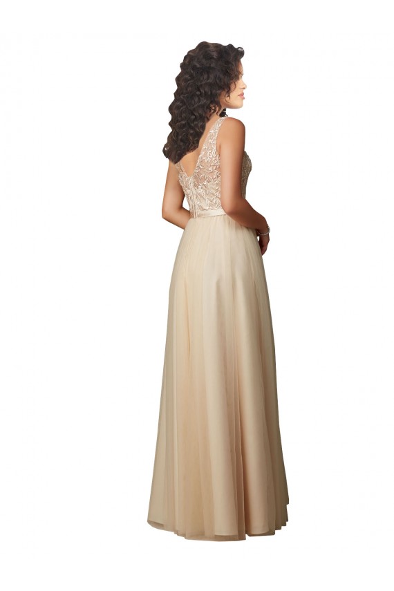 Champagne Trapèze Col V Tulle Dentelle Longue Robes demoiselle d'honneur à Bas Prix