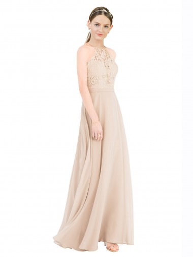 Champagne Trapèze Licou Col Haut Mousseline Dentelle Longue Robes demoiselle d'honneur / Robes de bal à Bas Prix
