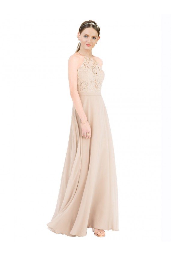 Champagne Trapèze Licou Col Haut Mousseline Dentelle Longue Robes demoiselle d'honneur / Robes de bal à Bas Prix