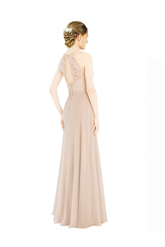 Champagne Trapèze Licou Col Haut Mousseline Dentelle Longue Robes demoiselle d'honneur / Robes de bal à Bas Prix