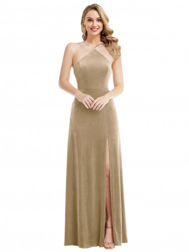 Champagne Trapèze Licou Col Haut Velours Stretch Longue Robes demoiselle d'honneur / Robes de bal à Bas Prix