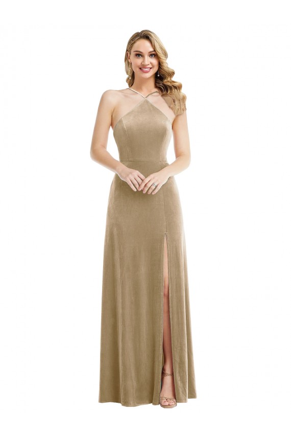 Champagne Trapèze Licou Col Haut Velours Stretch Longue Robes demoiselle d'honneur / Robes de bal à Bas Prix