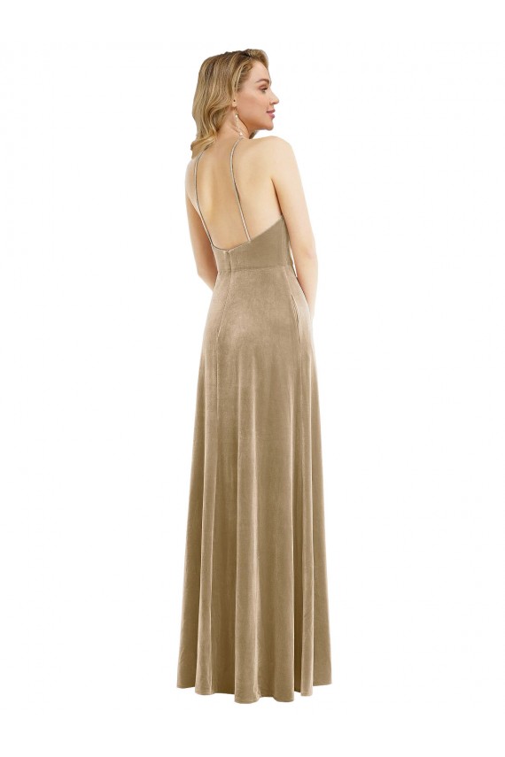 Champagne Trapèze Licou Col Haut Velours Stretch Longue Robes demoiselle d'honneur / Robes de bal à Bas Prix