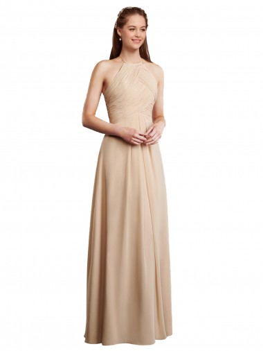 Champagne Trapèze Licou Mousseline Longue Robes demoiselle d'honneur à Bas Prix