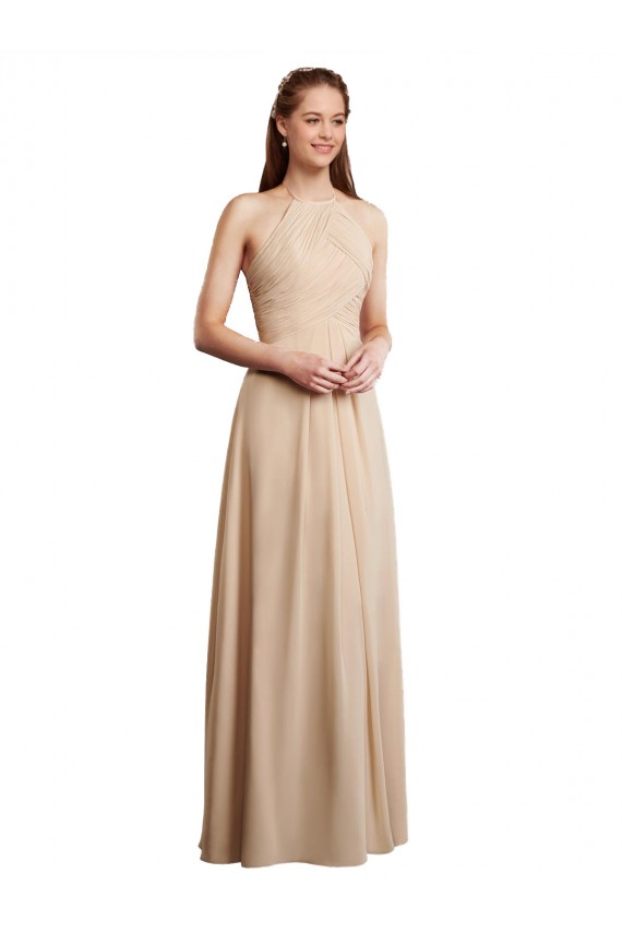 Champagne Trapèze Licou Mousseline Longue Robes demoiselle d'honneur à Bas Prix