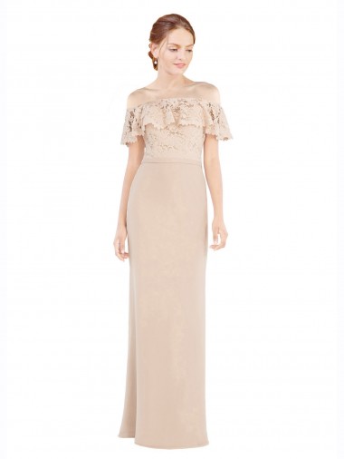 Champagne Trapèze Épaule Dénudée Mousseline Dentelle Longue Robes demoiselle d'honneur / Robes de bal à Bas Prix