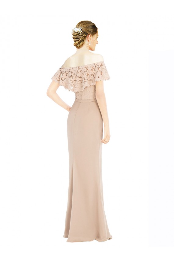 Champagne Trapèze Épaule Dénudée Mousseline Dentelle Longue Robes demoiselle d'honneur / Robes de bal à Bas Prix