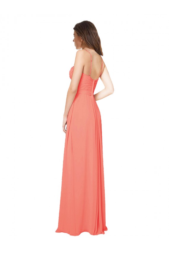 Corail Trapèze Bretelles spaghetti Mousseline Longue Robes demoiselle d'honneur à Bas Prix