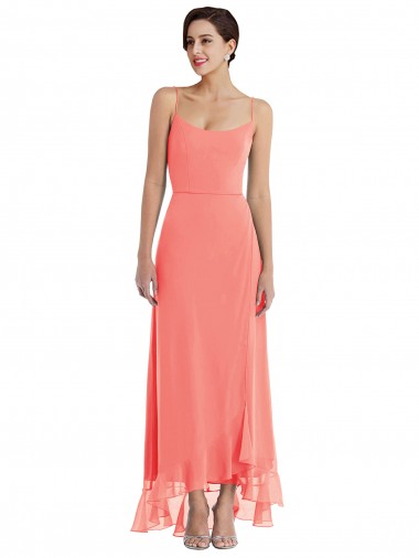 Corail Trapèze Bretelles spaghetti Scoop Mousseline Longue Asymétrique Robes demoiselle d'honneur à Bas Prix