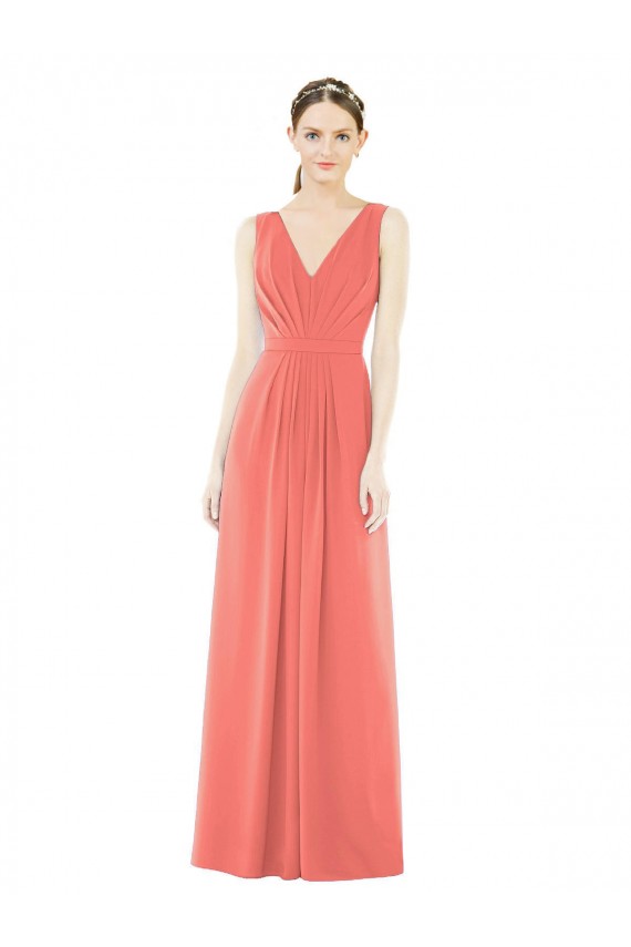 Corail Trapèze Col V Mousseline Longue Robes demoiselle d'honneur à Bas Prix