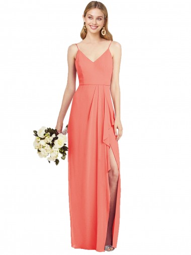 Corail Trompette Bretelles spaghetti Col V Mousseline Longue Robes demoiselle d'honneur à Bas Prix