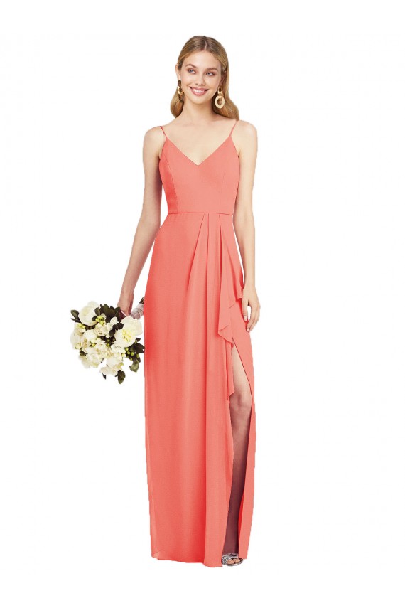 Corail Trompette Bretelles spaghetti Col V Mousseline Longue Robes demoiselle d'honneur à Bas Prix