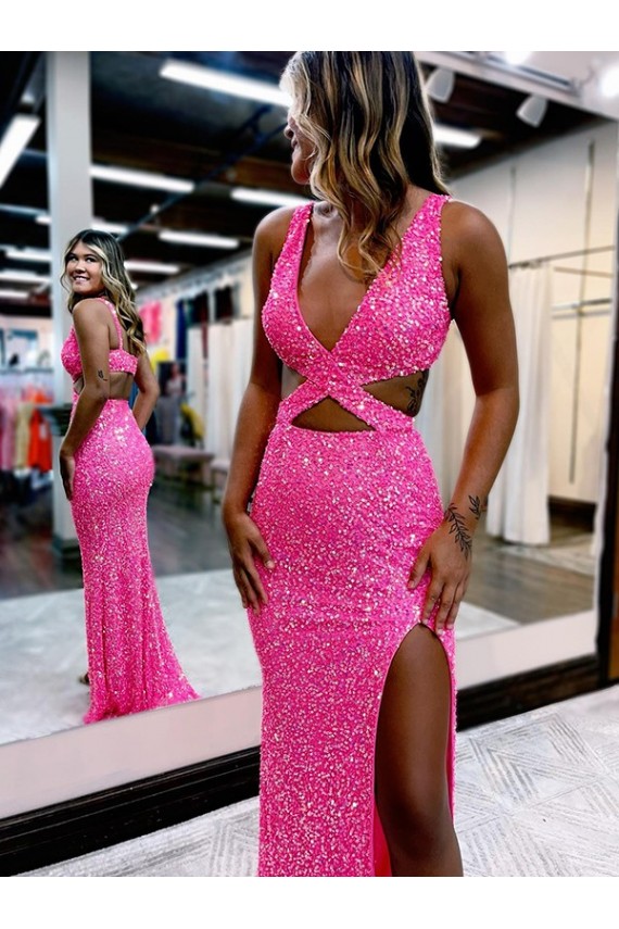 Couleur affichée Fourreau Col V Balayage train Paillettes Velours Longue Robes de bal à Bas Prix