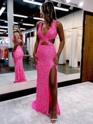 Couleur affichée Fourreau Col V Balayage train Paillettes Velours Longue Robes de bal à Bas Prix