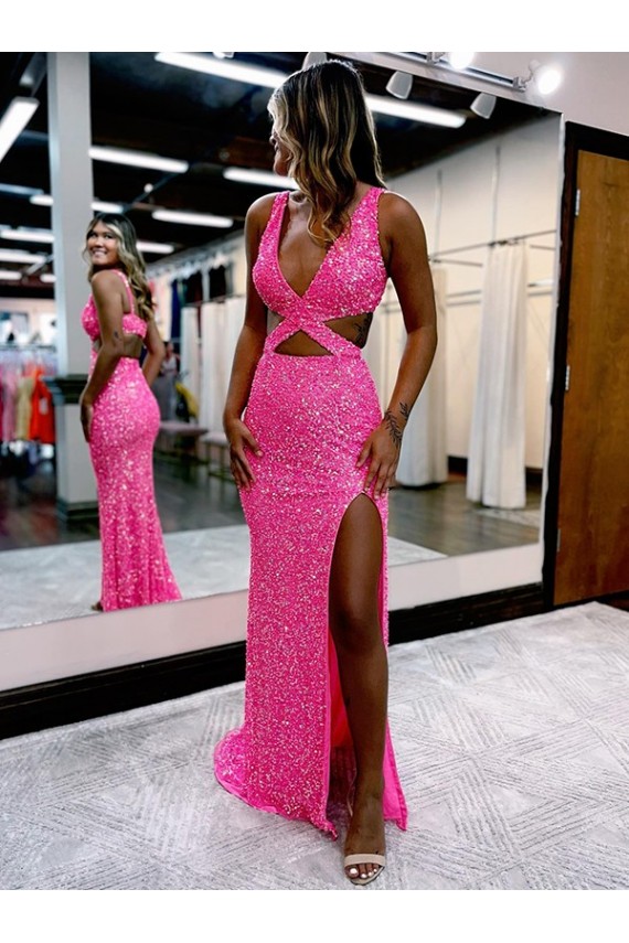 Couleur affichée Fourreau Col V Balayage train Paillettes Velours Longue Robes de bal à Bas Prix