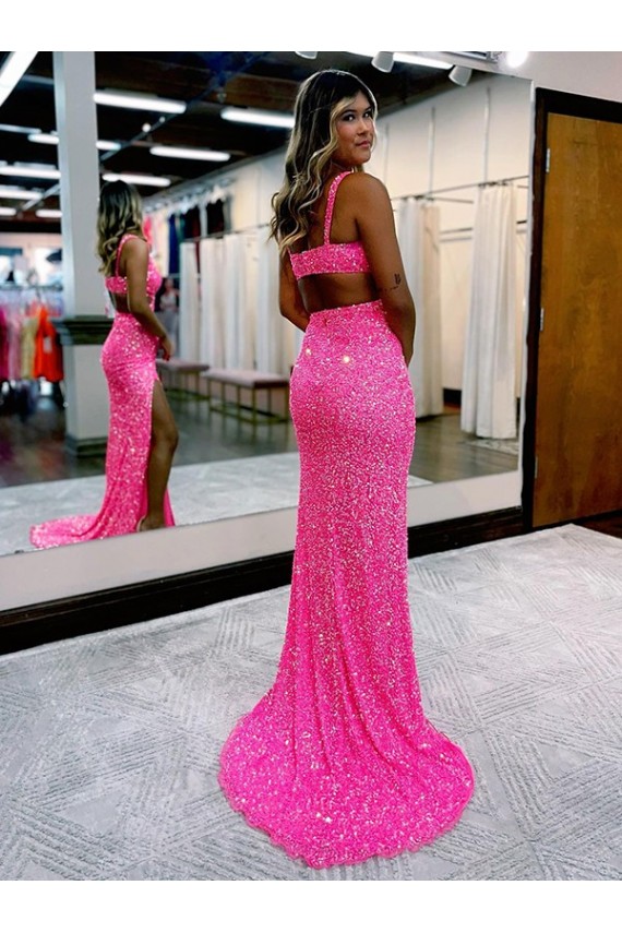 Couleur affichée Fourreau Col V Balayage train Paillettes Velours Longue Robes de bal à Bas Prix