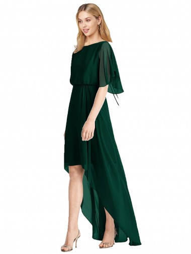 Evergreen Trapèze Col rond Mousseline Longue Asymétrique Robes demoiselle d'honneur à Bas Prix