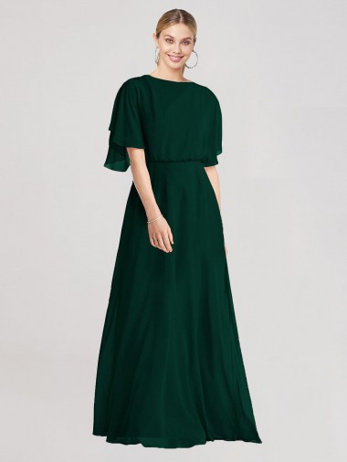 Evergreen Trapèze Col rond Mousseline Longue Robes demoiselle d'honneur à Bas Prix