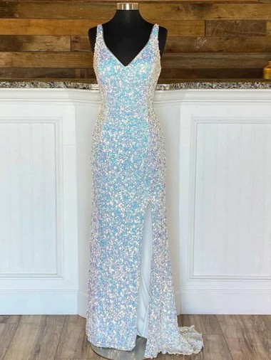 Fourreau Col V Balayage train Paillettes Velours Longue Robes de bal à Bas Prix