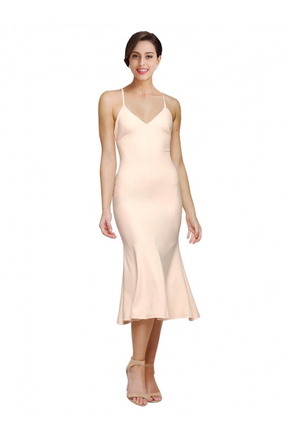 Fourreau Col V midi Crêpe Stretch Courte Robes demoiselle d'honneur / Robes de bal / Robes de cocktail à Bas Prix