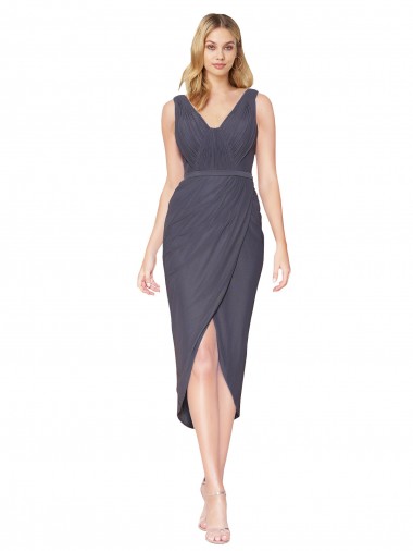 Gris ardoise Sirène Col V Mousseline Courte Asymétrique Robes demoiselle d'honneur / Robes de soirée / Robes de bal à Bas Prix