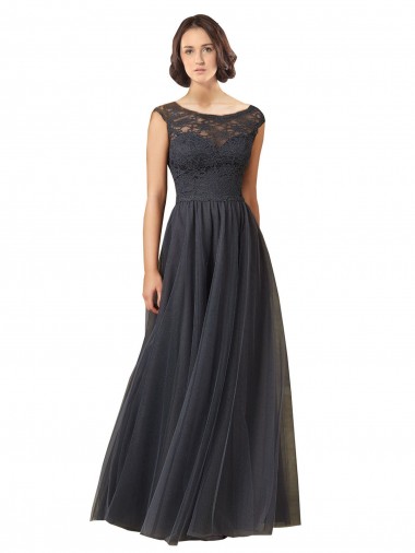 Gris ardoise Trapèze Bateau Tulle Dentelle Longue Robes demoiselle d'honneur à Bas Prix