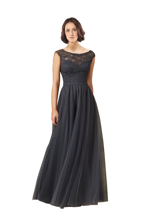 Gris ardoise Trapèze Bateau Tulle Dentelle Longue Robes demoiselle d'honneur à Bas Prix