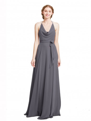 Gris ardoise Trapèze Bretelles spaghetti Mousseline Longue Robes demoiselle d'honneur à Bas Prix