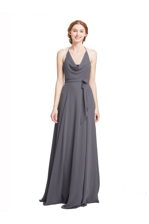 Gris ardoise Trapèze Bretelles spaghetti Mousseline Longue Robes demoiselle d'honneur à Bas Prix