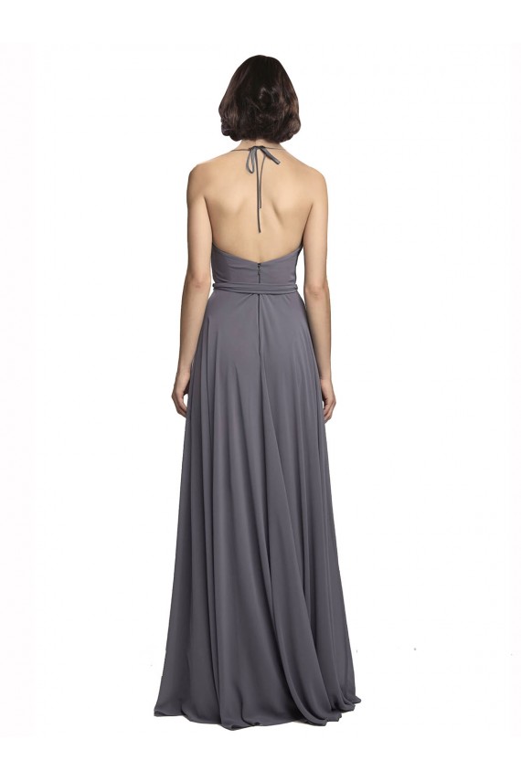 Gris ardoise Trapèze Bretelles spaghetti Mousseline Longue Robes demoiselle d'honneur à Bas Prix