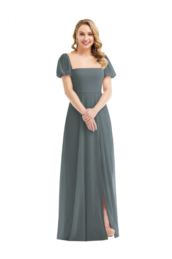 Gris ardoise Trapèze Col Carré Mousseline Longue Robes demoiselle d'honneur à Bas Prix