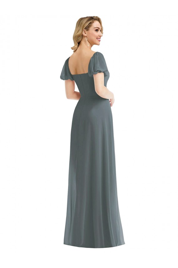 Gris ardoise Trapèze Col Carré Mousseline Longue Robes demoiselle d'honneur à Bas Prix