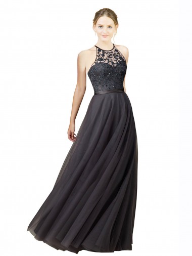 Gris ardoise Trapèze Tulle Dentelle Longue Robes demoiselle d'honneur à Bas Prix