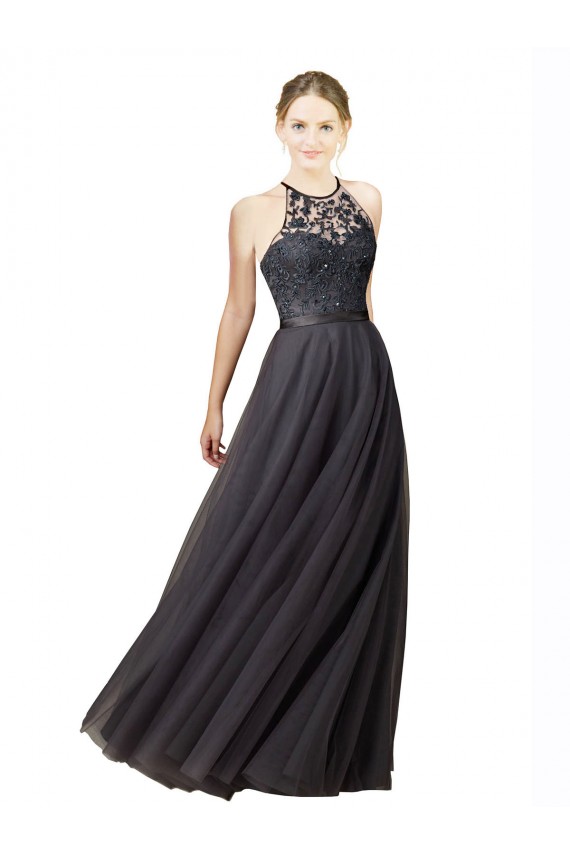 Gris ardoise Trapèze Tulle Dentelle Longue Robes demoiselle d'honneur à Bas Prix