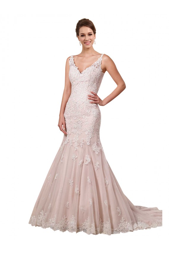 Ivoire & Blush Sirène Col V Tulle Dentelle Robes de mariée à Bas Prix