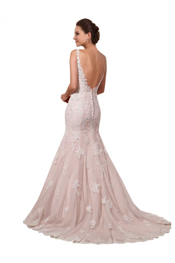 Ivoire & Blush Sirène Col V Tulle Dentelle Robes de mariée à Bas Prix
