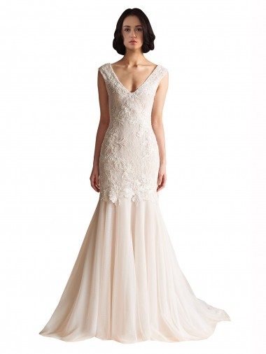Ivoire & Champagne Sirène Col V Balayage train Tulle Robes de mariée à Bas Prix