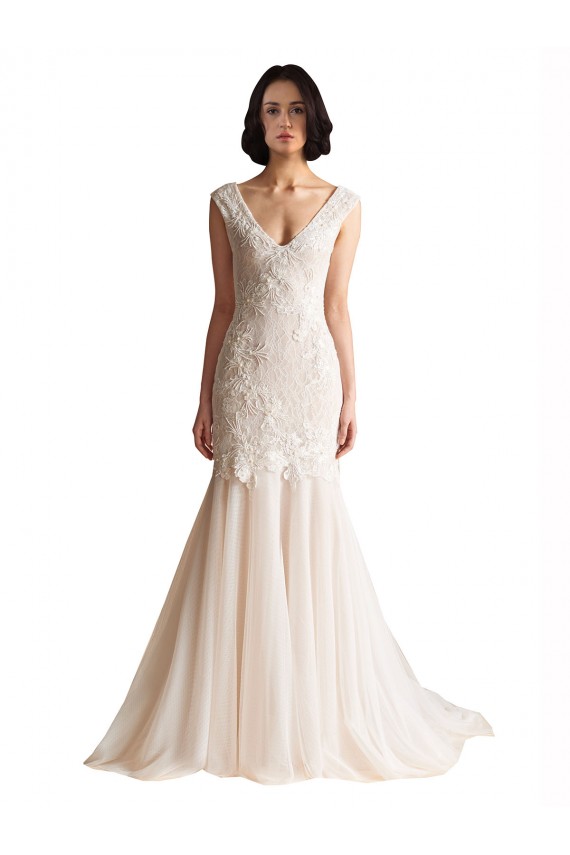 Ivoire & Champagne Sirène Col V Balayage train Tulle Robes de mariée à Bas Prix