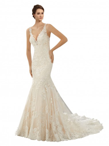 Ivoire & Champagne Sirène Col V Dentelle Robes de mariée à Bas Prix