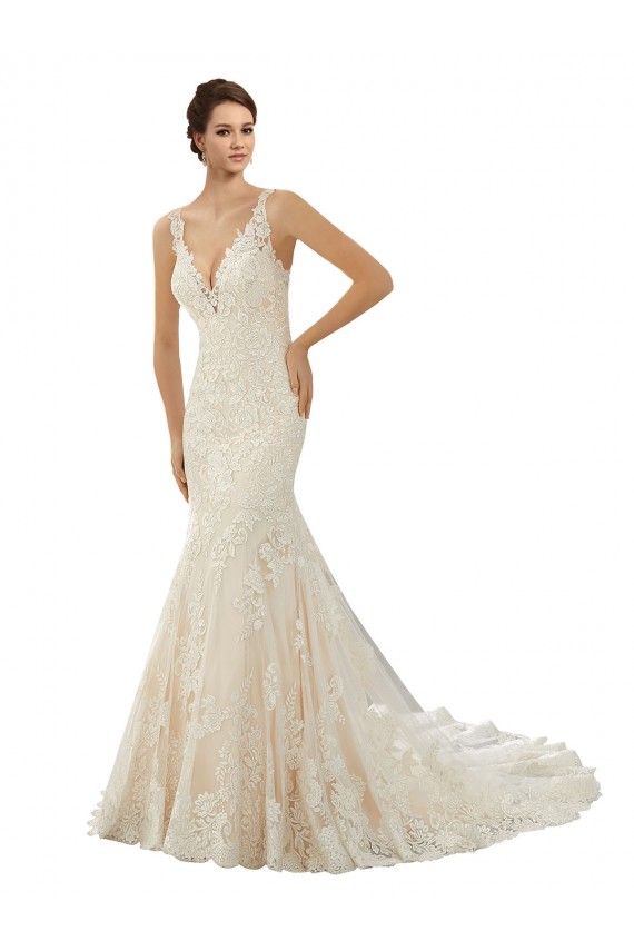 Ivoire & Champagne Sirène Col V Dentelle Robes de mariée à Bas Prix