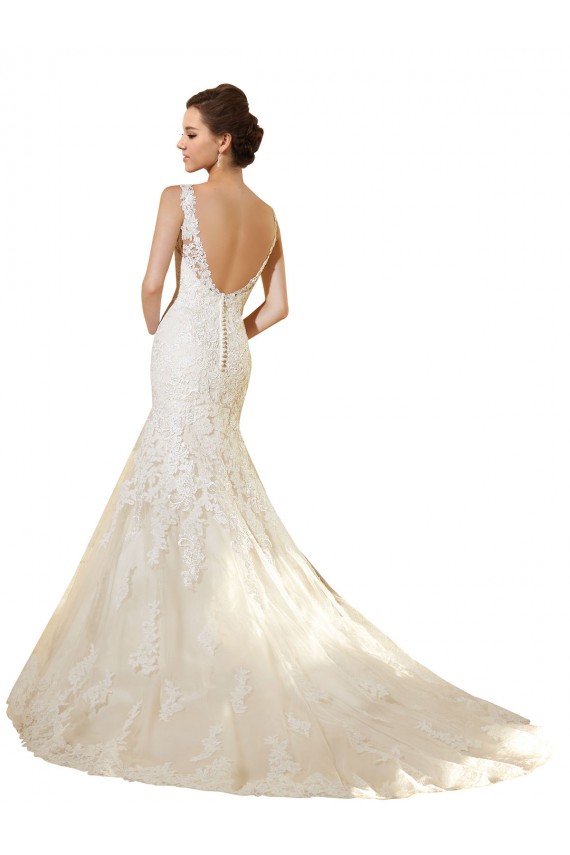 Ivoire & Champagne Sirène Col V Tulle Dentelle Robes de mariée à Bas Prix