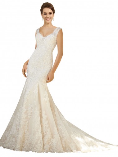 Ivoire & Champagne Sirène Col V Tulle Dentelle Robes de mariée à Bas Prix
