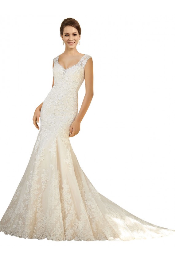 Ivoire & Champagne Sirène Col V Tulle Dentelle Robes de mariée à Bas Prix