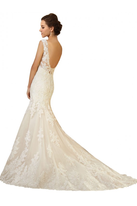Ivoire & Champagne Sirène Col V Tulle Dentelle Robes de mariée à Bas Prix